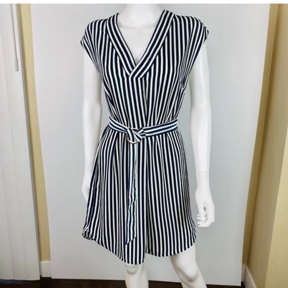 H&M navy white stripe Belted Shift Dress Size 4 - Picture 3 of 5